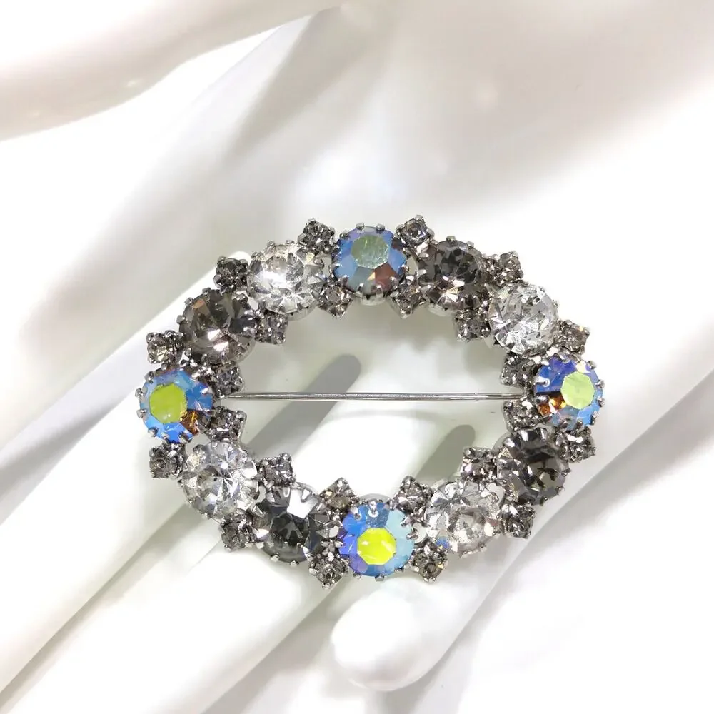 Karu Arke Aurora Borealis Brooch, Clear AB Black Diamond Rhinestones, 1950s